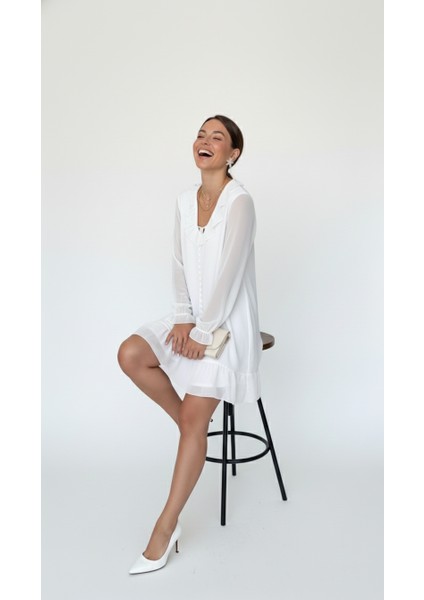 Fırfır Yaka Tül Detay Şifon Elbise fiyatları