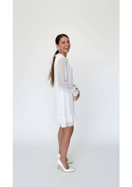 Fırfır Yaka Tül Detay Şifon Elbise modelleri