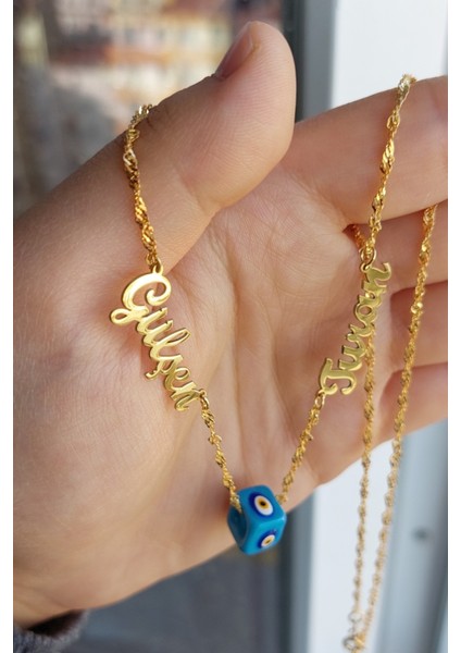 925 Ayar Gümüş 24 Ayar Altın Kaplama 2 Isimli Nazar Boncuklu Kolye