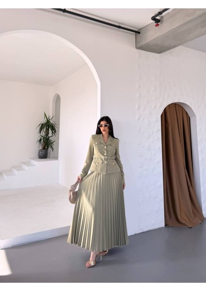 Kadın Kemerli Gold Düğmeli Premium Ceket Pileli Uzun Etek Takım Elbise