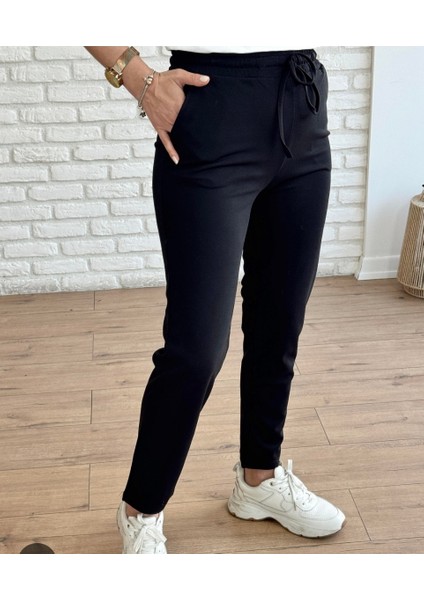 Kadın Full Likralı Beli Bağçıklı Süper Rahat Duble Paça Bilek Boy Üst Düzey Pantolon