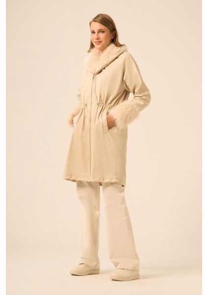 Bayan Kürk Yaka Deri Kaban Beige 31242
