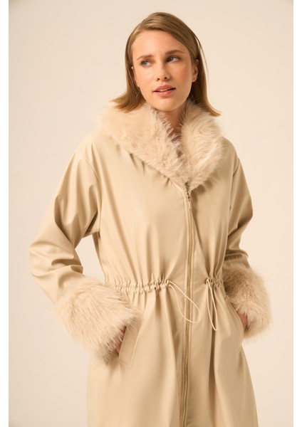 Bayan Kürk Yaka Deri Kaban Beige 31242 fiyatları