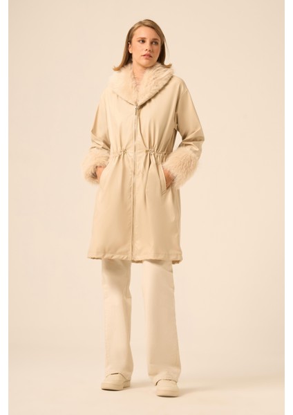 Bayan Kürk Yaka Deri Kaban Beige 31242 fırsatları