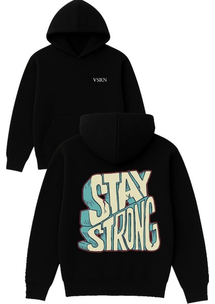 Stay Strong Tasarım Baskılı Oversize Siyah Kapüşonlu Sweatshirt