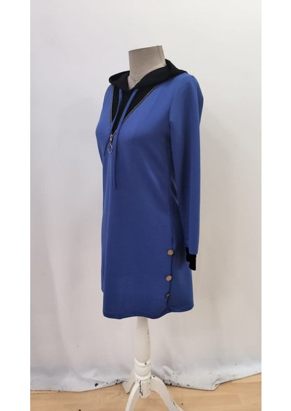 Kadın Uzun Kollu Kapşonlu Önden Fermuarlı Düğmeli Mini Iki Iplik Elbise indirimleri