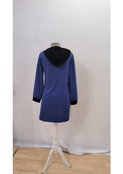 Kadın Uzun Kollu Kapşonlu Önden Fermuarlı Düğmeli Mini Iki Iplik Elbise