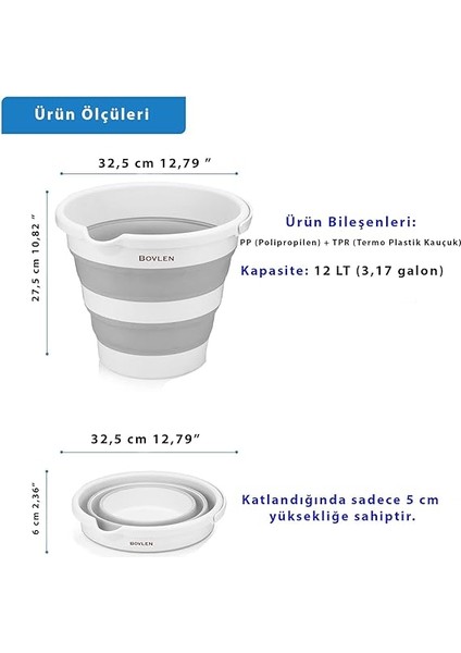 Litre Katlanabilir Kova - Akordiyon Katlanır Kova - Araba Kovası - Gri - 32.5 x 27.5 x 6 cm - Pp+ Tpr fırsatları