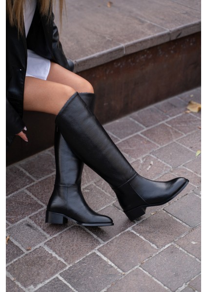Caterina Siyah Renkli Hakiki Deri Arkadan Fermuarlı Kadın Çizme