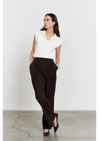 Yandan Bağlamalı Palazzo Pantolon Acı Kahve