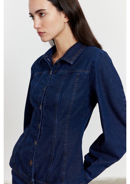Fitted Kesim Denim Ceket Mavi
