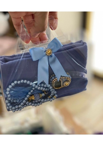 20 Adet Açık Mavi Hediyelik Kutulu Örtü, Tesbih ve Taşlı Zikirmatik Seti, Umre Hac Hediyesi