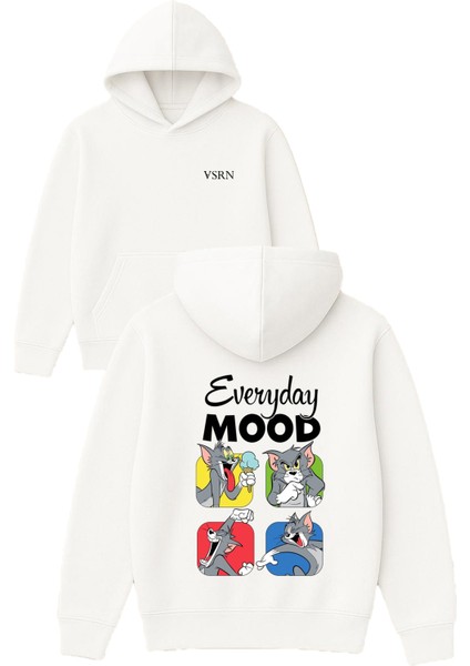 Everyday Mood Tasarım Baskılı Oversize Beyaz Kapüşonlu Sweatshirt