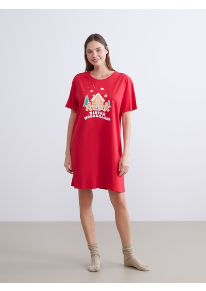 Yeni Sezon Bisiklet Yaka Yılbaşı Temalı Kadın Gecelik