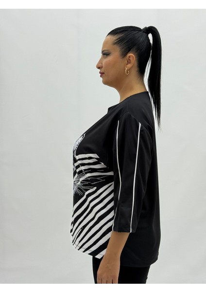 Büyük Beden Kedi Motifli Taş Detaylı Kapri Kol Viskon Kadın Bluz modelleri