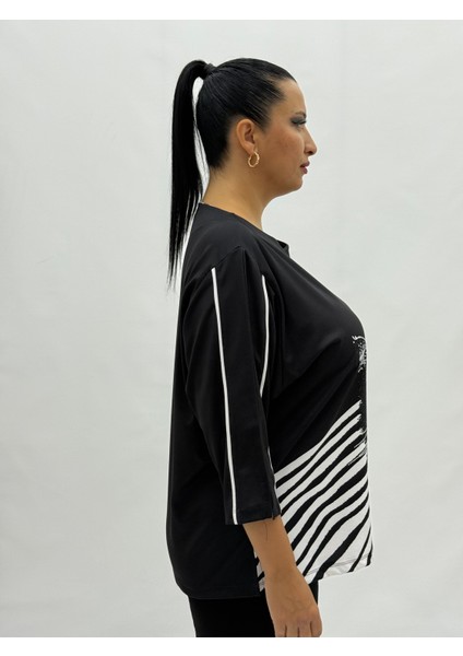 Büyük Beden Kedi Motifli Taş Detaylı Kapri Kol Viskon Kadın Bluz indirimleri