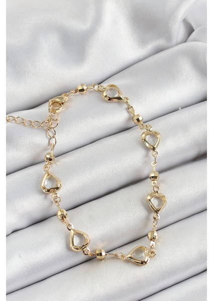 Pirinç Şeffaf Kalp Model Gold Renk Zirkon Taşlı Kadın Bileklik - Lisinya