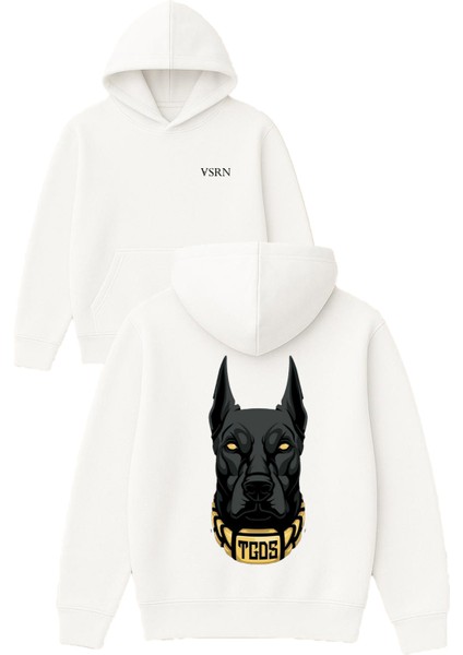Doberman Altın Tasmalı Tasarım Baskılı Oversize Beyaz Kapüşonlu Sweatshirt