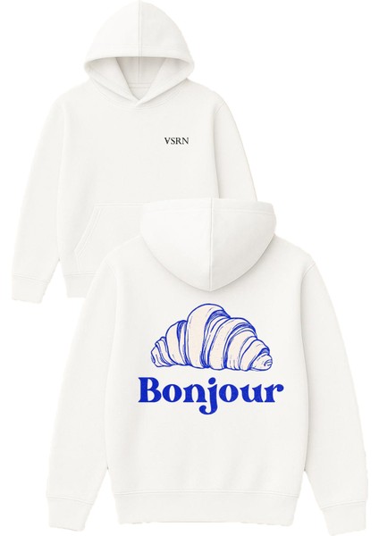 Bonjour Tasarım Baskılı Oversize Beyaz Kapüşonlu Sweatshirt
