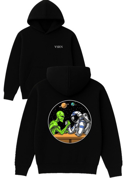 Astronot ve Uzaylı Tasarım Baskılı Oversize Siyah Kapüşonlu Sweatshirt