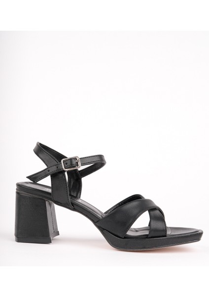 BA04590 Siyah Kadın Çapraz Kare Burun Platform 6 cm Topuklu Ayakkabı - 37 modelleri