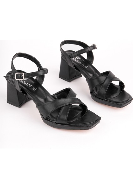 BA04590 Siyah Kadın Çapraz Kare Burun Platform 6 cm Topuklu Ayakkabı - 37 fırsatları