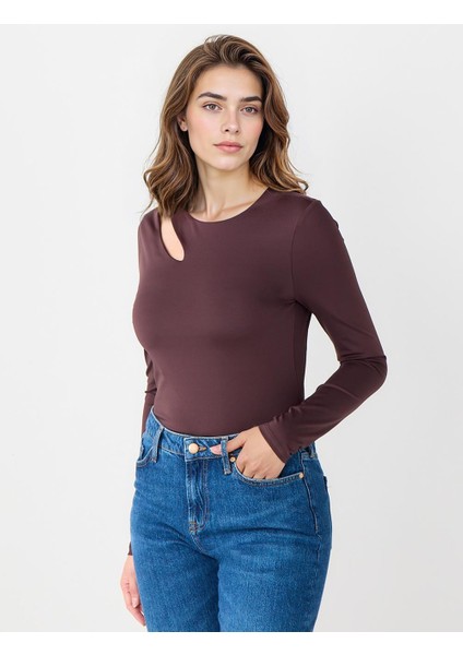 Acı Kahve Asimetrik Yaka Uzun Kollu Dar Kesim Örme Bluz modelleri