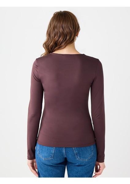 Acı Kahve Asimetrik Yaka Uzun Kollu Dar Kesim Örme Bluz indirimleri