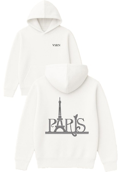 Paris Pırlantı Tasarım Baskılı Oversize Beyaz Kapüşonlu Sweatshirt
