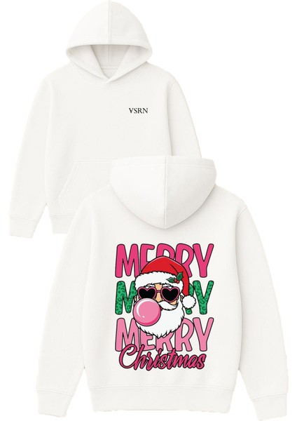 Mery Noel Baba Tasarım Baskılı Oversize Beyaz Kapüşonlu Sweatshirt