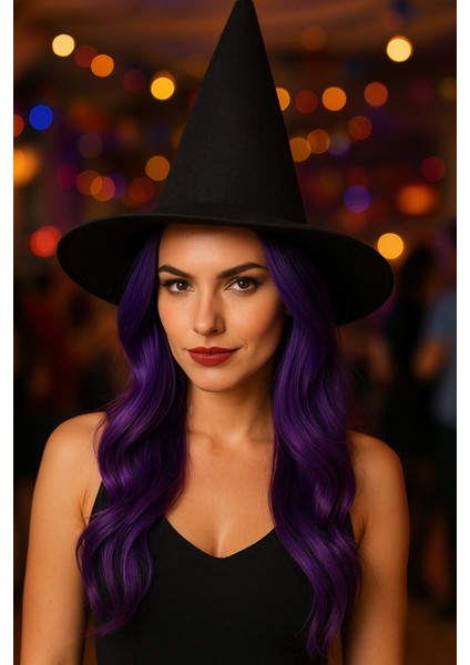 Keçe Cadı Şapkası ve Mor Peruk Seti Doğal Görünüm Isıya Dayanıklı Sentetik Fiber Kostüm Aksesuarı