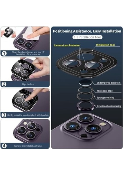 14 Pro/ 14 Pro Max Safir Premium Kamera Lens Koruyucu, Çizilmez 9h Temperli Cam Kamera Lens Koruyucu Metal Lens Aksesuarlar Kolay Kurulum (Mor) modelleri