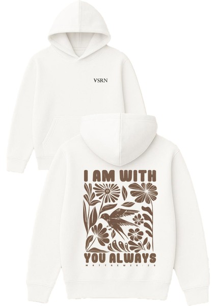 I Am Wıth Tasarım Baskılı Oversize Beyaz Kapüşonlu Sweatshirt
