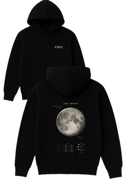The Moon Tasarım Baskılı Oversize Siyah Kapüşonlu Sweatshirt