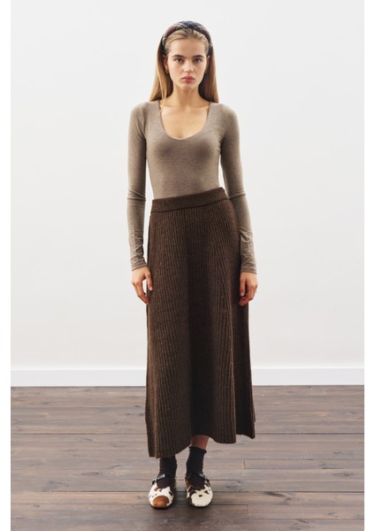 Triko Kloş Etek Kahverengi modelleri