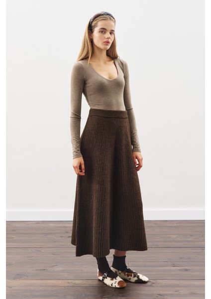 Triko Kloş Etek Kahverengi