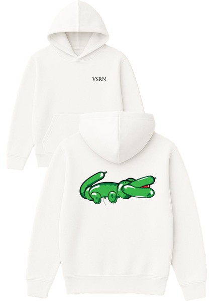 Şişme Timsah Tasarım Baskılı Oversize Beyaz Kapüşonlu Sweatshirt