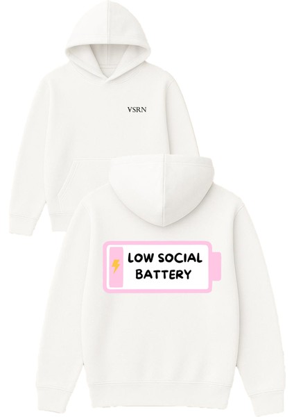 Low Socıal Battery Tasarım Baskılı Oversize Beyaz Kapüşonlu Sweatshirt