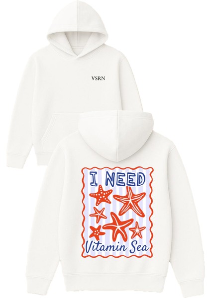 I Need Vitamin Tasarım Baskılı Oversize Beyaz Kapüşonlu Sweatshirt