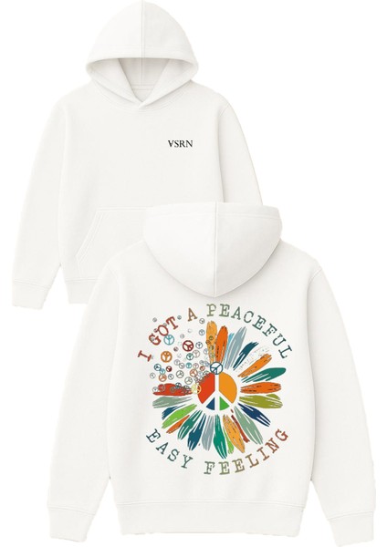 I Got A Peaceful Tasarım Baskılı Oversize Beyaz Kapüşonlu Sweatshirt