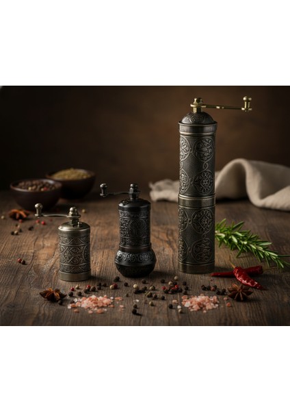 Ludıa Zamak Metal Kalay Renk 3 Lü Set Karabiber,kahve,çörek Otu El Değirmeni Öğütücü Grinder S2