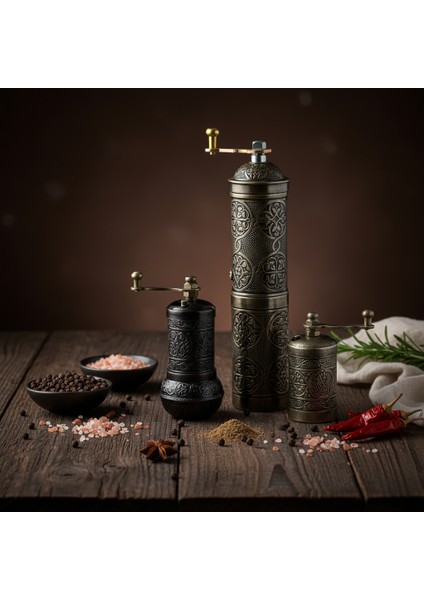 Ludıa Zamak Metal Kalay Renk 3 Lü Set Karabiber,kahve,çörek Otu El Değirmeni Öğütücü Grinder S2