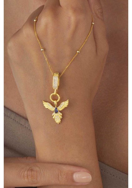 Safir Taşlı Altın Kaplama Anka Kuşu 925 Ayar Gümüş Kolye