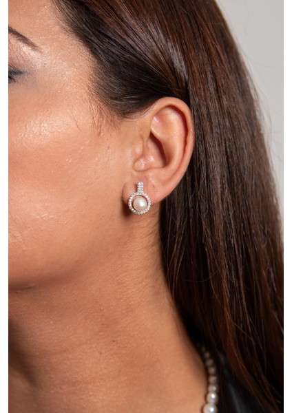 Yuvarlak Model 925 Ayar Gümüş Rodyum (Beyaz Altın) Kaplama Gerçek Inci Set modelleri