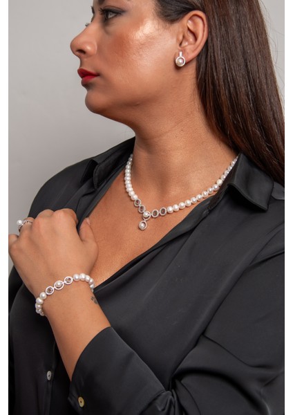 Yuvarlak Model 925 Ayar Gümüş Rodyum (Beyaz Altın) Kaplama Gerçek Inci Set fırsatları