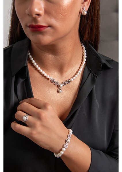 Yuvarlak Model 925 Ayar Gümüş Rodyum (Beyaz Altın) Kaplama Gerçek Inci Set