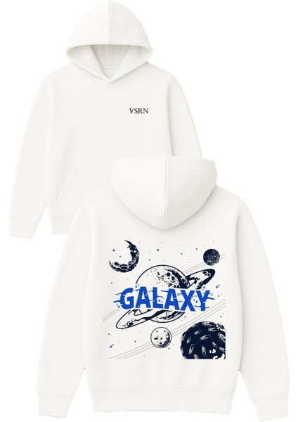 Galaxy Tasarım Baskılı Oversize Beyaz Kapüşonlu Sweatshirt