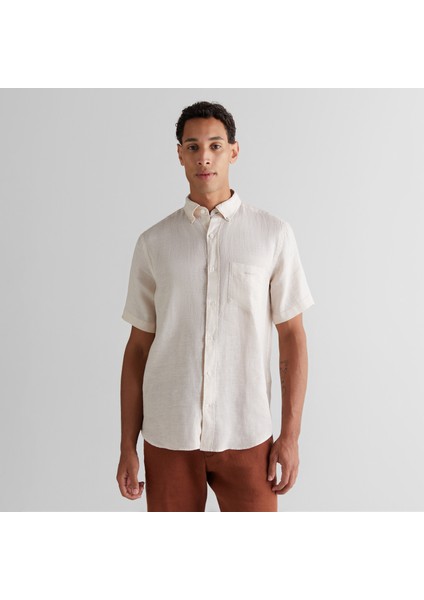 Erkek Bej Regular Fit Klasik Yaka Keten Gömlek