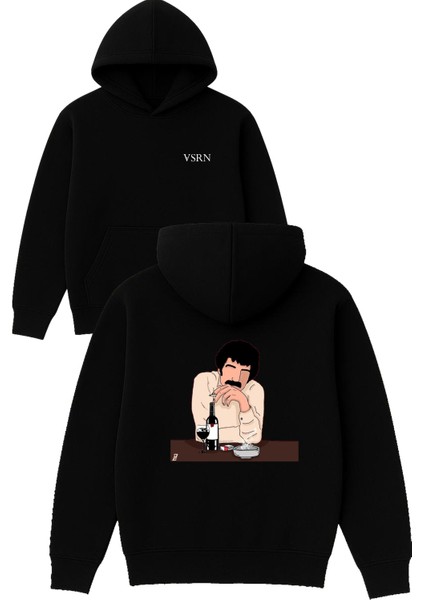 Müslüm Baba Tasarım Baskılı Oversize Siyah Kapüşonlu Sweatshirt