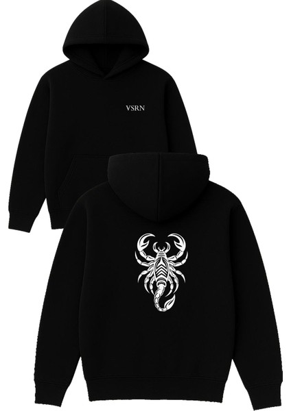 Scorpıon Tasarım Baskılı Oversize Siyah Kapüşonlu Sweatshirt